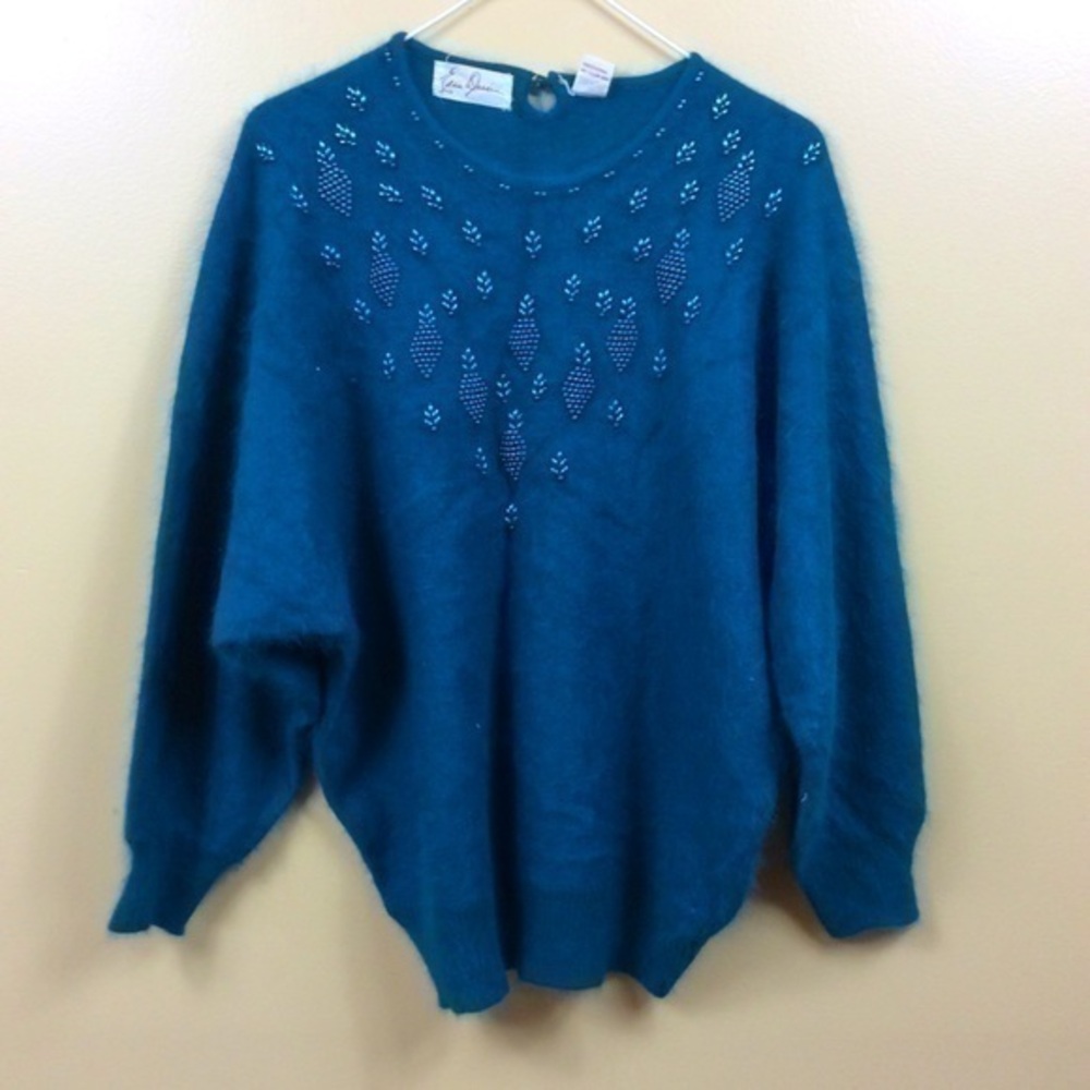 80s Vintage Eddie Dassin teal angora blend fuzzy sweater large. Beaded